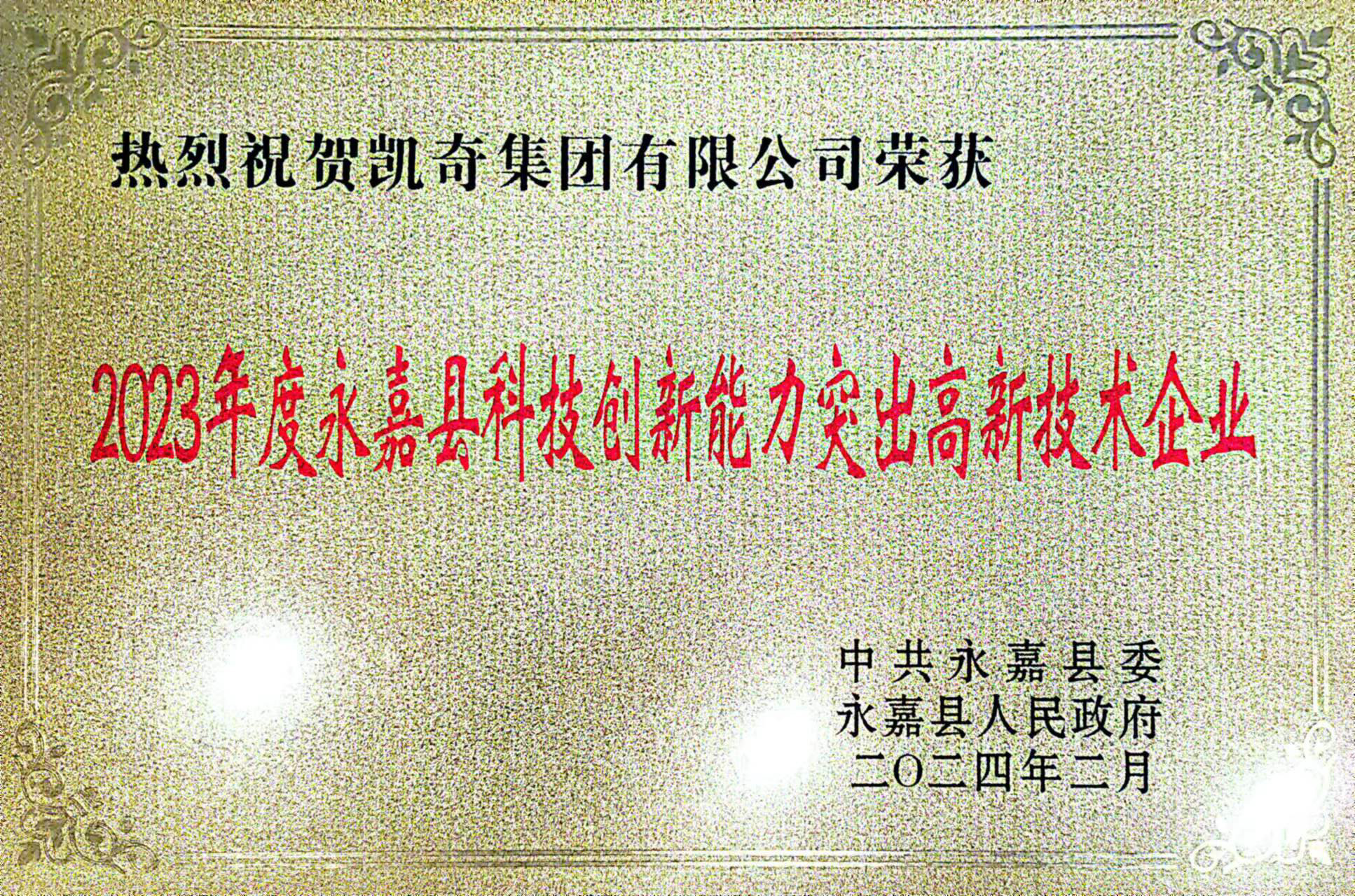 喜報！凱奇集團榮獲永嘉縣“功勛企業”等榮譽稱號